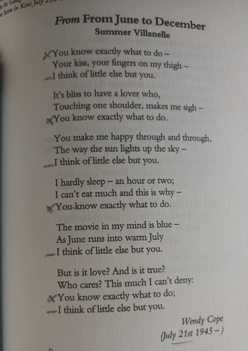 Paddyrun1's tweet image. Wendy Cope, born on this day, 21st July 1945 - Her poetry is generally regarded as humorous and light-hearted. A lover of life and living it fully.
I love this form, the Villanalle, and sometimes use this poem of hers in workshops as a fine example of the form. Difficult form???