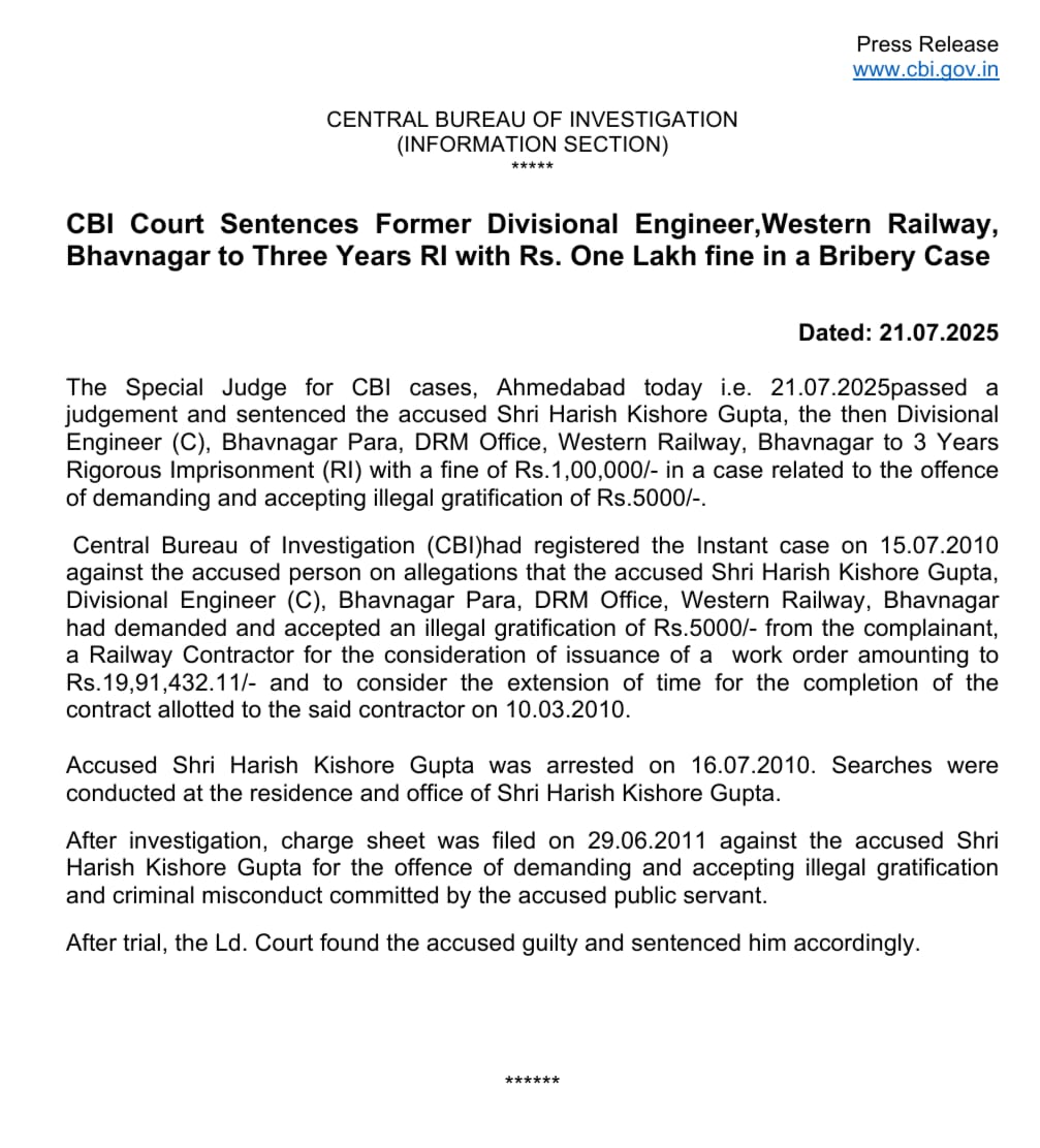 CBI Court Sentences Former Divisional Engineer,Western Railway, Bhavnagar to Three Years RI with Rs. One Lakh fine in a Bribery Case