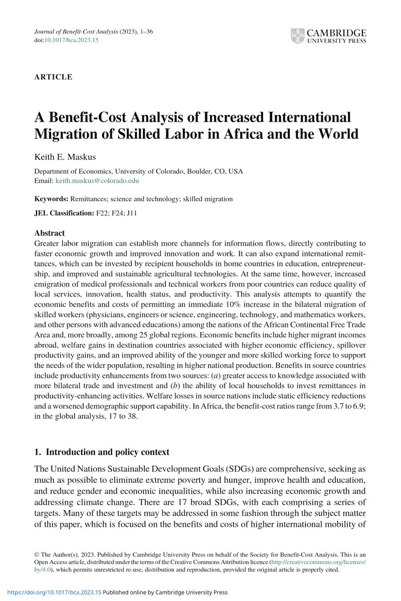 Highly skilled migration is one of the world's best investments. At a cost of $2.8bn/year, it delivers 20x social benefits. 

Peer-reviewed #SDGs research for Copenhagen Consensus published by Cambridge University Press

cambridge.org/core/journals/…