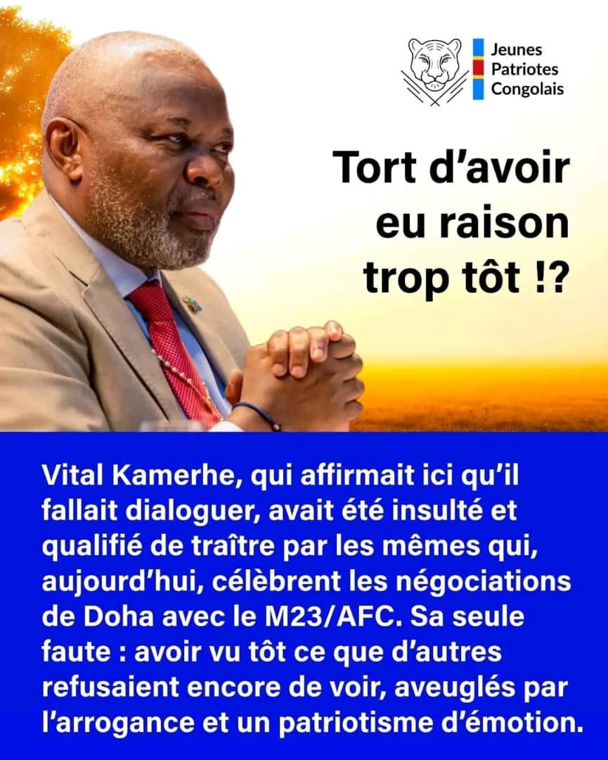 🔴#RDC: Les Jeunes Patriotes Congolais considèrent que <a href="/VitalKamerhe1/">Vital Kamerhe</a> a «TORT D’AVOIR EU RAISON TROP TÔT»