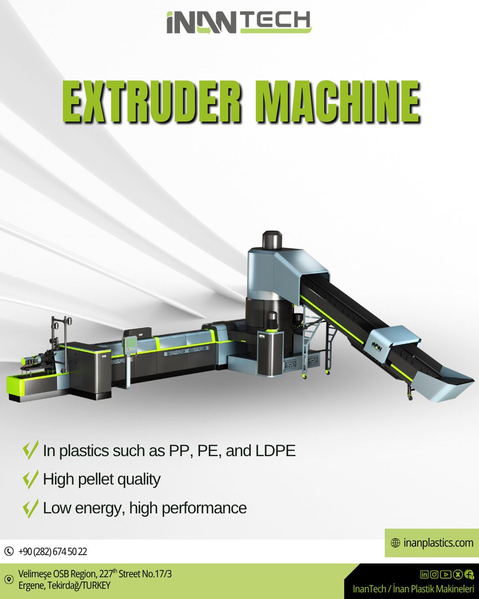 InanTech's tweet image. With #İnanTech’s Extruder Machine, experience high performance and energy efficiency in plastic recycling all in one!
1000 – 1200 kg/hour capacity, vacuum degassing, PLC control, and a durable design.

Contact us for more details!♻️🔧
🌐 inanplastics.com

#EkstruderMachine