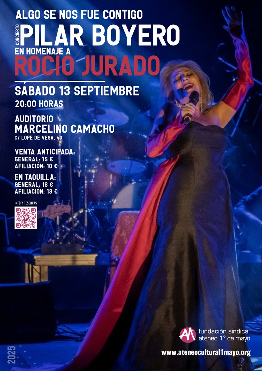 Madrid Sindical (@madridsindical) on Twitter photo 🎼Concierto Tributo a #RocíoJurado
🎤<a href="/PilarBoyero/">Pilar Boyero</a> revive la fuerza de Rocío Jurado en un concierto único en #Madrid
🗓️13 SEPT
⏰20:00 HRS
📍Auditorio Marcelino Camacho (C/ Lope de Vega 40, Madrid)
🎟️Info y entradas:
madrid.ccoo.es/cms.php?cd_cms… 🎼Concierto Tributo a #RocíoJurado
🎤<a href="/PilarBoyero/">Pilar Boyero</a> revive la fuerza de Rocío Jurado en un concierto único en #Madrid
🗓️13 SEPT
⏰20:00 HRS
📍Auditorio Marcelino Camacho (C/ Lope de Vega 40, Madrid)
🎟️Info y entradas:
madrid.ccoo.es/cms.php?cd_cms…