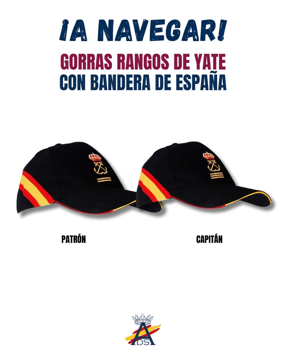 🚤 ¿Salimos juntos a navegar?
·
Gorras de rangos de #yate con #BanderaEspaña y en
azul marino.
·
Disponibles para #Capitán y #Patron:
arenaldesevilla.com/gorras-bandera…