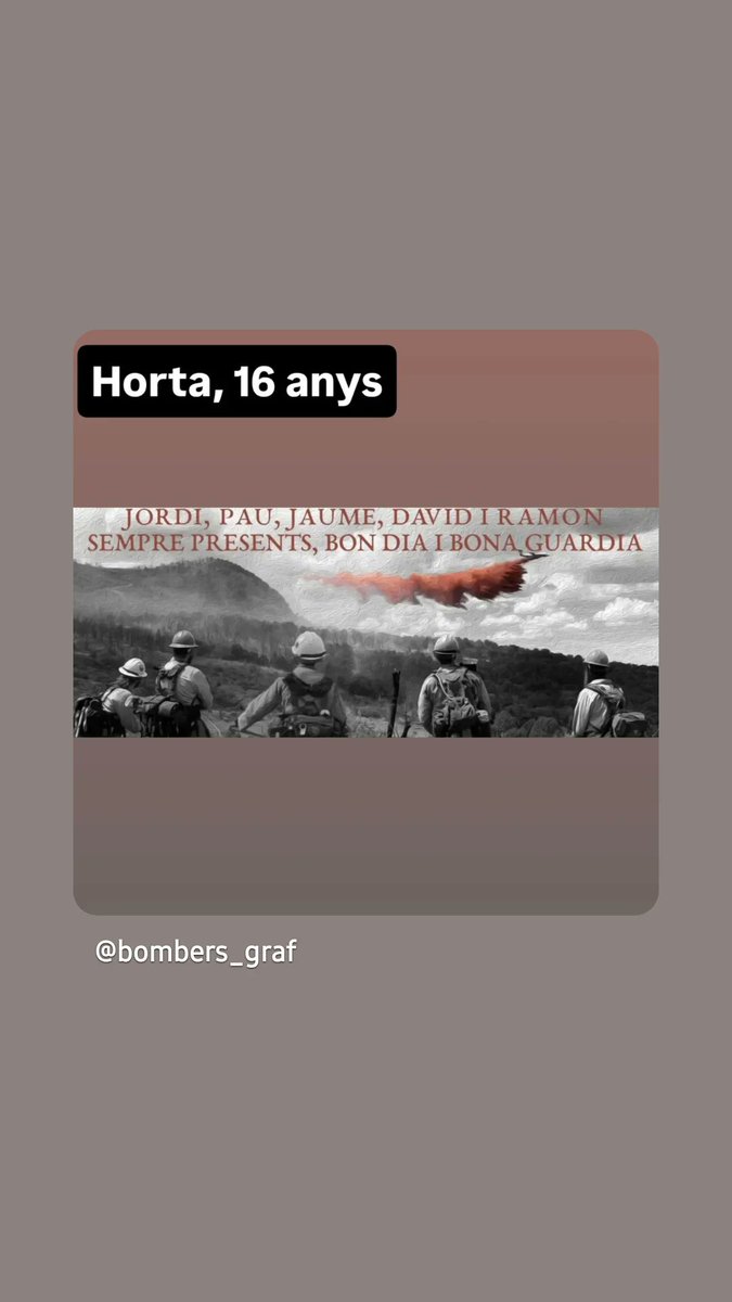 Fa 16 anys fèiem el relleu a l'incendi d'Horta. Un dia que ens va canviar per sempre i que no volem oblidar. Una abraçada a tots i un sentit record per el Jaume, Jordi, Ramon, David i Pau i en especial al Pepe Pallars, que cada dia ens empeny a seguir endavant. 
Bona guardia.