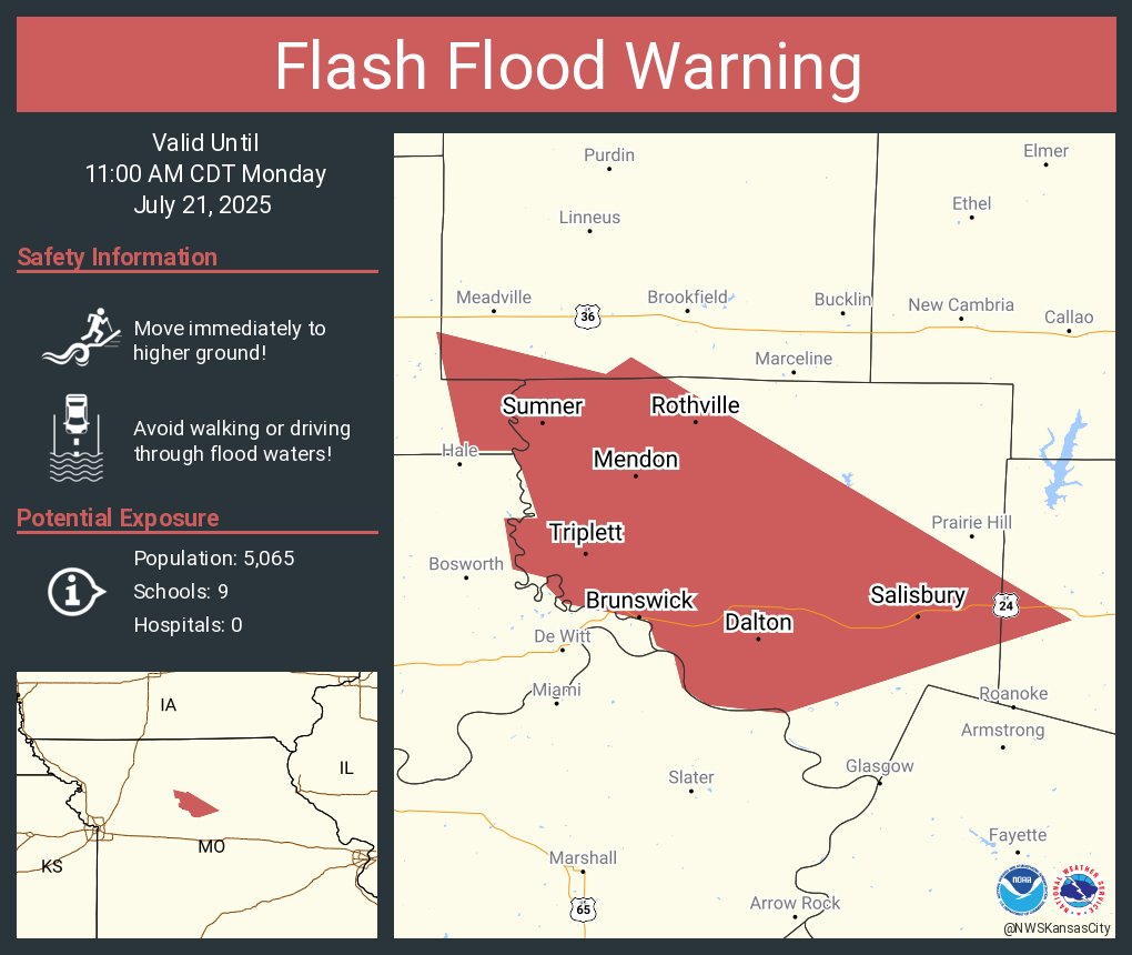 NWSKansasCity's tweet image. Flash Flood Warning including Salisbury MO, Brunswick MO and Keytesville MO until 11:00 AM CDT
