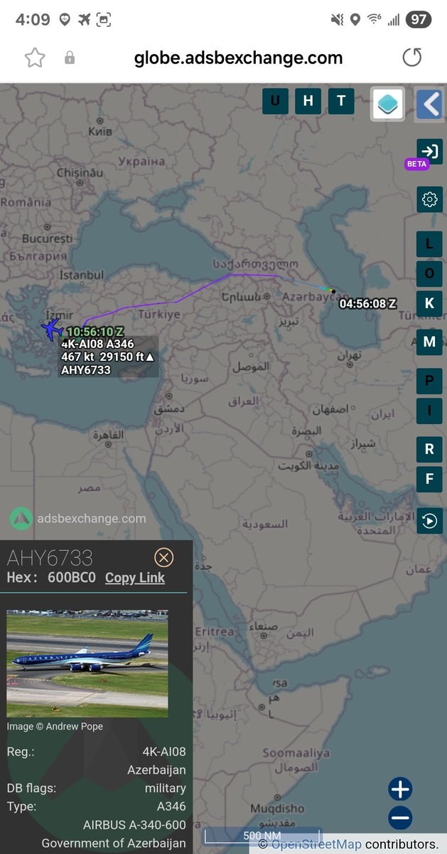 Borrowed7Time's tweet photo. After a stop at Bodrum, the Azerbaijan Govt A340-642 (4K-AI08 #600BC0 as AHY6733) is tracking west.
@sipjack1776 @GeoVolatileVar @Dinlas3 https://t.co/WpafECkS5i