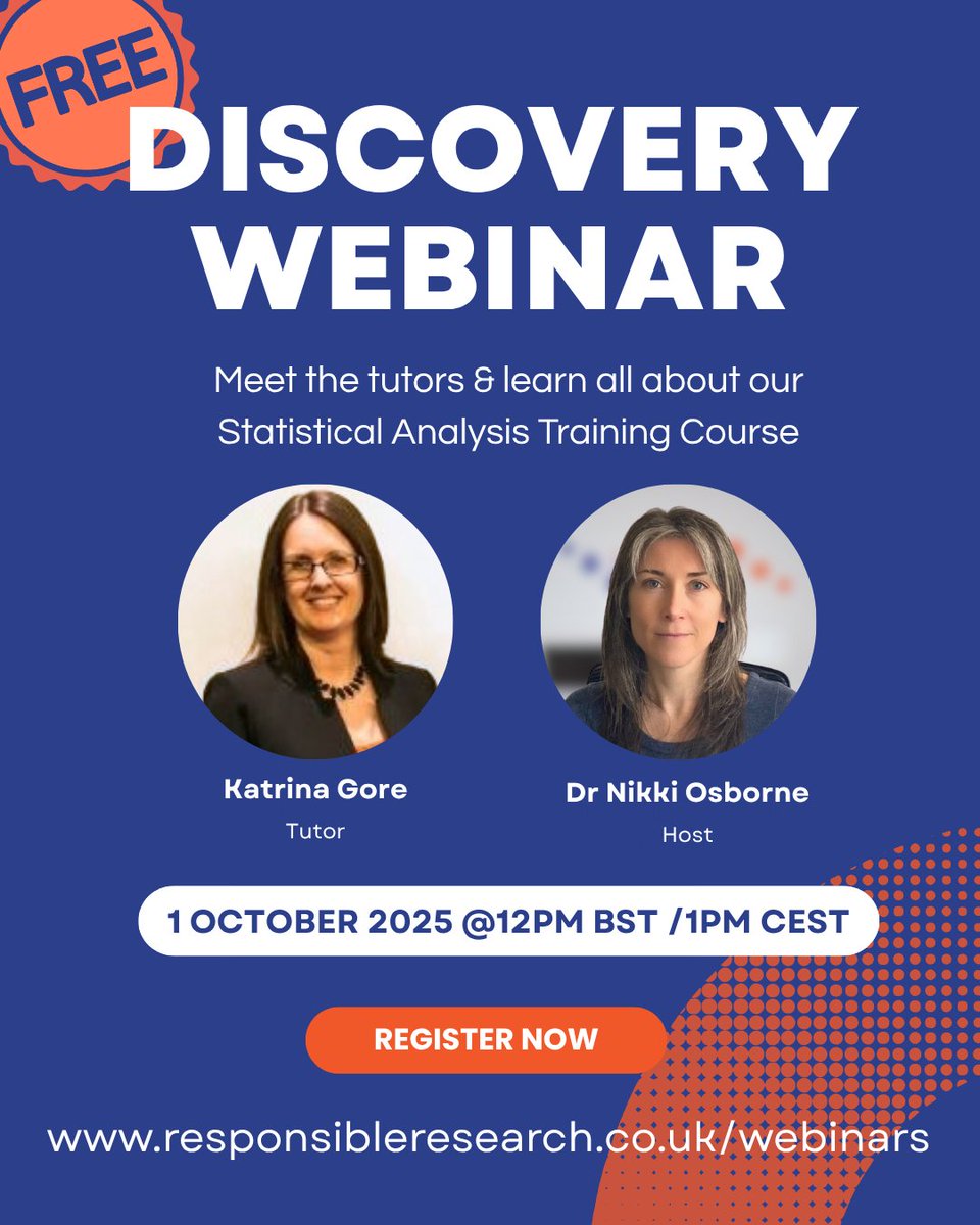 Curious about our Statistical Analysis Training for In Vivo &amp; In Vitro Researchers? Join Katrina Gore &amp; Dr Nikki Osborne on Oct 1, 12–1 PM BST for a FREE Discovery Webinar.
Receive
course details, hear past feedback &amp; get your questions answered. responsibleresearch.co.uk/event-details/…