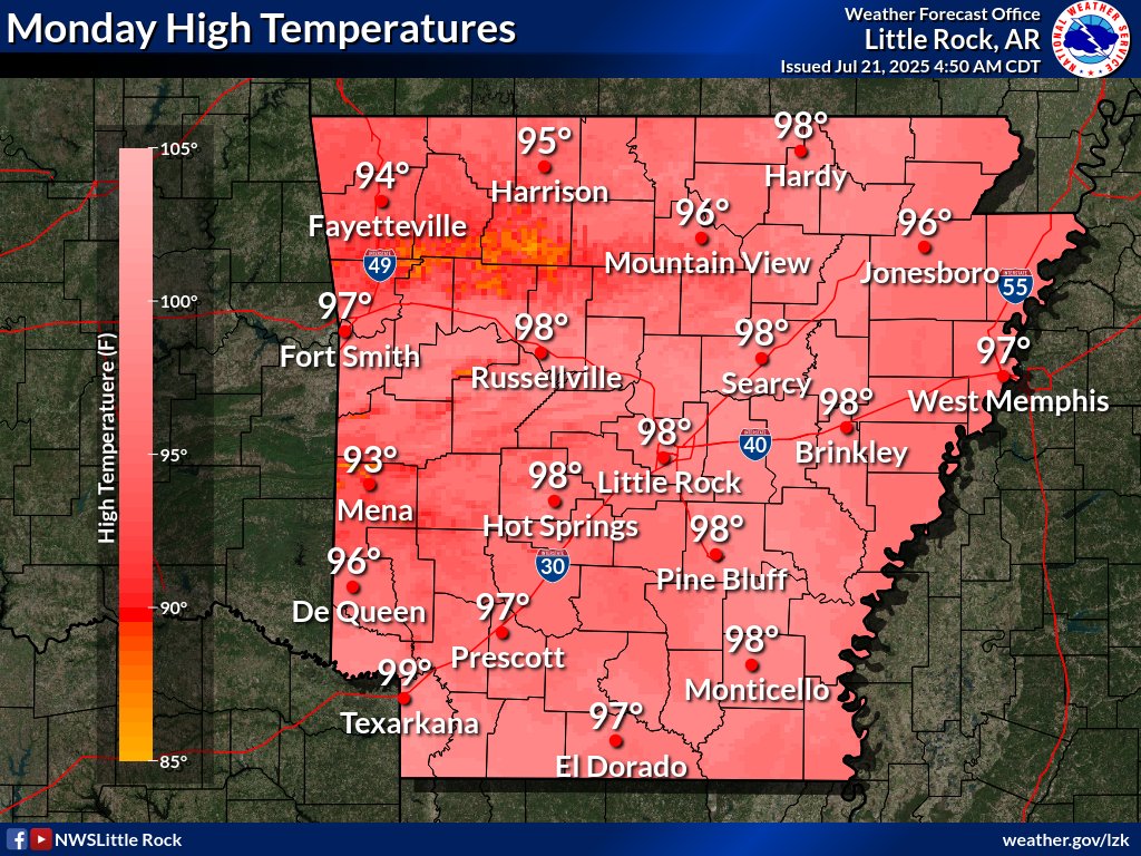 NWSLittleRock's tweet image. Good Morning Arkansas!
More of the same can be expected today (unfortunately...). Most of the state will be under a Heat Advisory or Extreme Heat Warning, so be sure to take your heat precautions, and know the signs of heat-illnesses!
#arwx