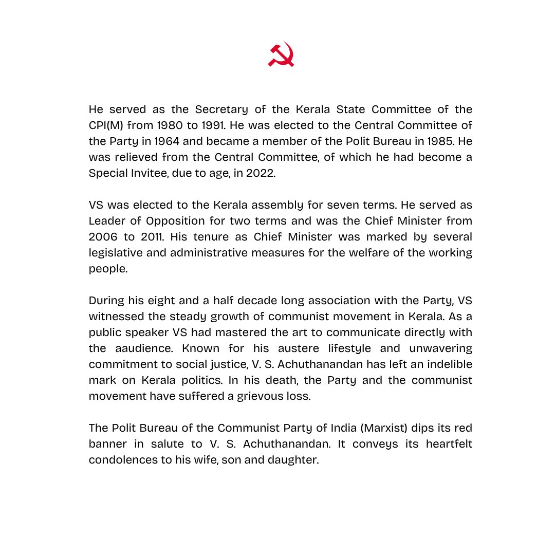 #CPIM Polit Bureau pays homage to Comrade V S Achuthanandan and dips its red banner in salute
cpim.org/homage-to-comr…