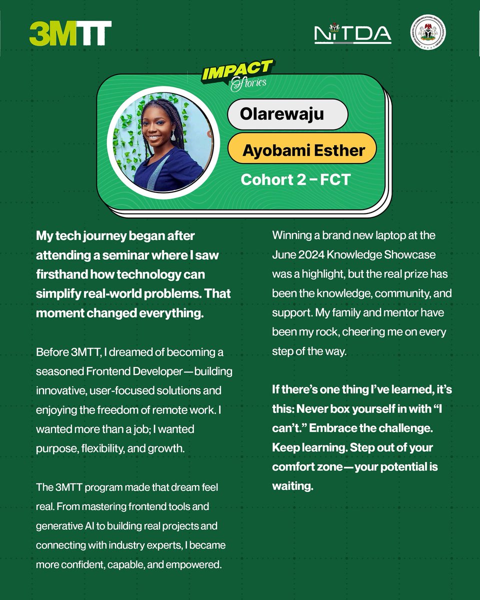 From “Tech? Maybe someday…” to winning a laptop &amp; building apps like a boss! Esther didn’t just step into tech, she leapt with 3MTT, mastering code, AI, and confidence along the way. 

Her advice? Ditch the “I can’t” vibes and level up your hustle. The future’s yours, go grab it