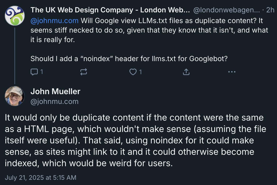 Barry Schwartz (@rustybrick) on Twitter photo Google's <a href="/JohnMu/">John 🧀 ... 🧀</a> says it makes sense to noindex your LLMS.txt file seroundtable.com/google-noindex… Google's <a href="/JohnMu/">John 🧀 ... 🧀</a> says it makes sense to noindex your LLMS.txt file seroundtable.com/google-noindex…