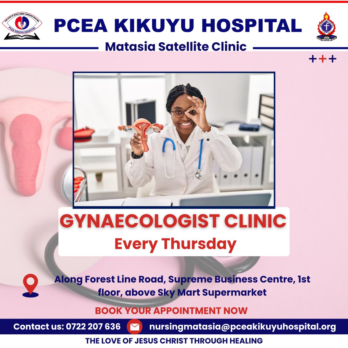 PCEA Kikuyu Hospital (@pceakikuyu) on Twitter photo Book your appointment for Gynaecology Clinic this Thursday.
Get seen. Get answers. Get peace of mind.
š Supreme Business Centre (Above Sky Mart), Forest Line Road
š 0722 207 636
š§ nursingmatasia@pceakikuyuhospital.org
#GynClinicMatasia #ThursdayClinic #BookNow #KenyaHealth Book your appointment for Gynaecology Clinic this Thursday.
Get seen. Get answers. Get peace of mind.
š Supreme Business Centre (Above Sky Mart), Forest Line Road
š 0722 207 636
š§ nursingmatasia@pceakikuyuhospital.org
#GynClinicMatasia #ThursdayClinic #BookNow #KenyaHealth