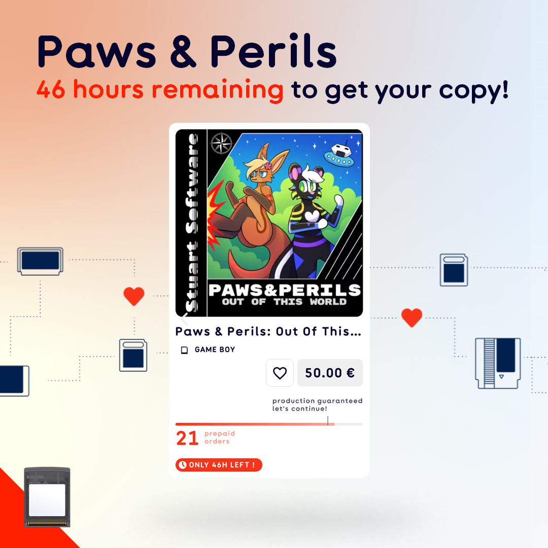 HomebrewFactory's tweet image. ⚠Less than 46 hours remaining to order your Game Boy Color copy of Paws & Perils: Out of this world by
@software78209!
🥳This pre-order campaign is already successful, we will start the production soon, so you are guaranteed to receive your copy.
➡️ homebrew-factory.com/game-boy/151-p…