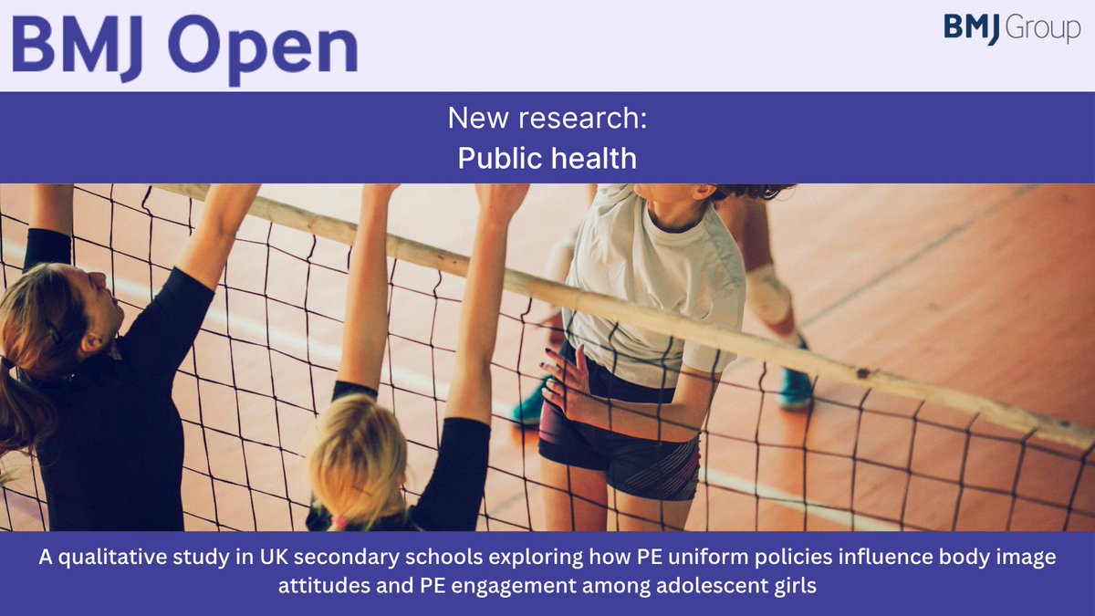 BMJ_Open's tweet image. How do secondary school physical education uniform policies influence body image attitudes and PE engagement among adolescent girls?
Read more in this qualitative study in UK secondary schools: doi.org/10.1136/bmjope…