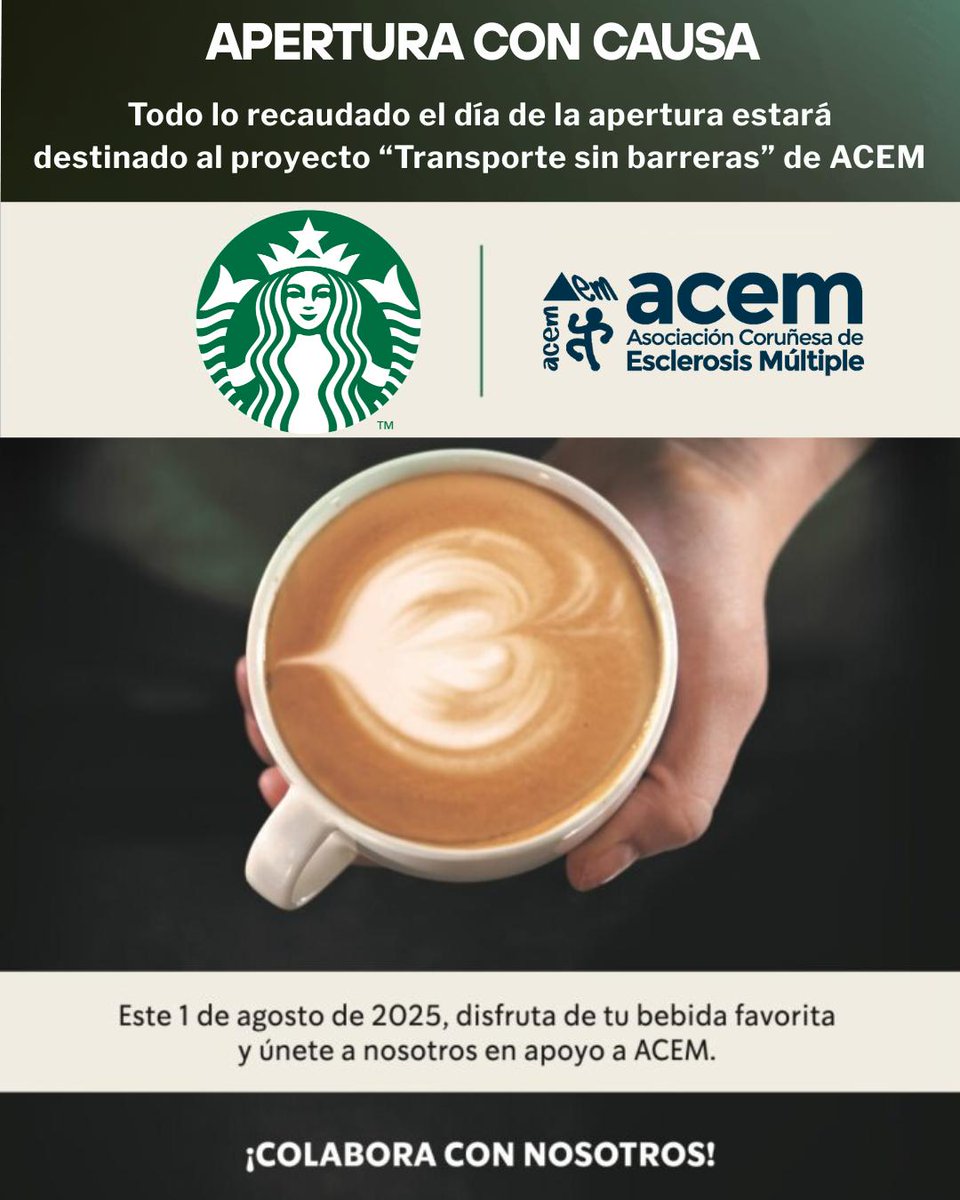 ACEM CORUÑA (@acemesclerosis) on Twitter photo ✨ El viernes 1 de agosto a las 9:30h <a href="/starbucks_es/">Starbucks España</a> abrirá un nuevo establecimiento en #Coruña (Rúa Nueva nº2)… ¡y será una apertura con causa! 💚☕
Todo lo recaudado irá al proyecto "Transporte sin barreras" de ACEM
¡Súmate y colabora con nosotros !!! ✨ El viernes 1 de agosto a las 9:30h <a href="/starbucks_es/">Starbucks España</a> abrirá un nuevo establecimiento en #Coruña (Rúa Nueva nº2)… ¡y será una apertura con causa! 💚☕
Todo lo recaudado irá al proyecto "Transporte sin barreras" de ACEM
¡Súmate y colabora con nosotros !!!