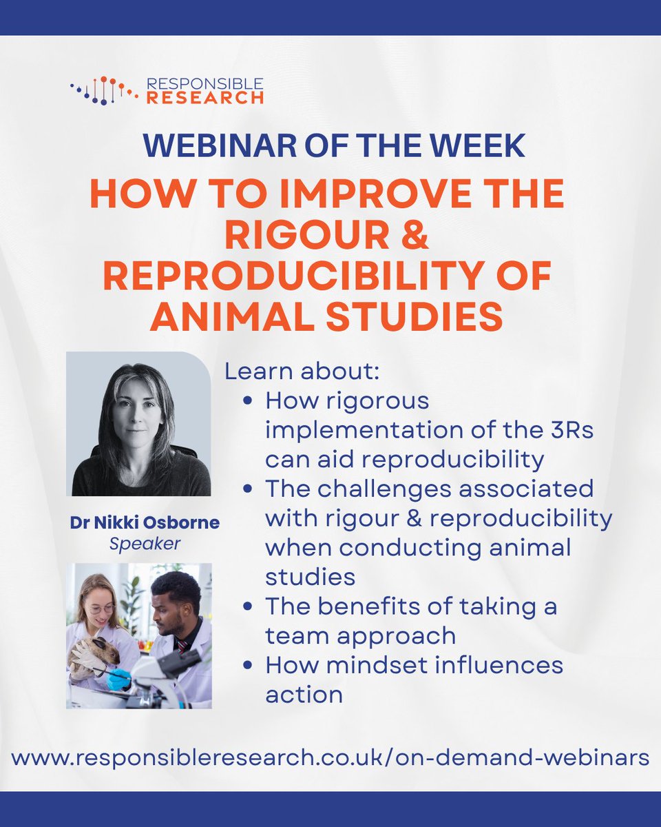 🔹 Webinar of the Week 🔹
"How to improve the rigour &amp; reproducibility of animal studies"
With Dr Nikki Osborne
Watch on demand to empower better science: attendee.gotowebinar.com/register/91700…
#3Rs #Reproducibility #AnimalResearch #Webinar