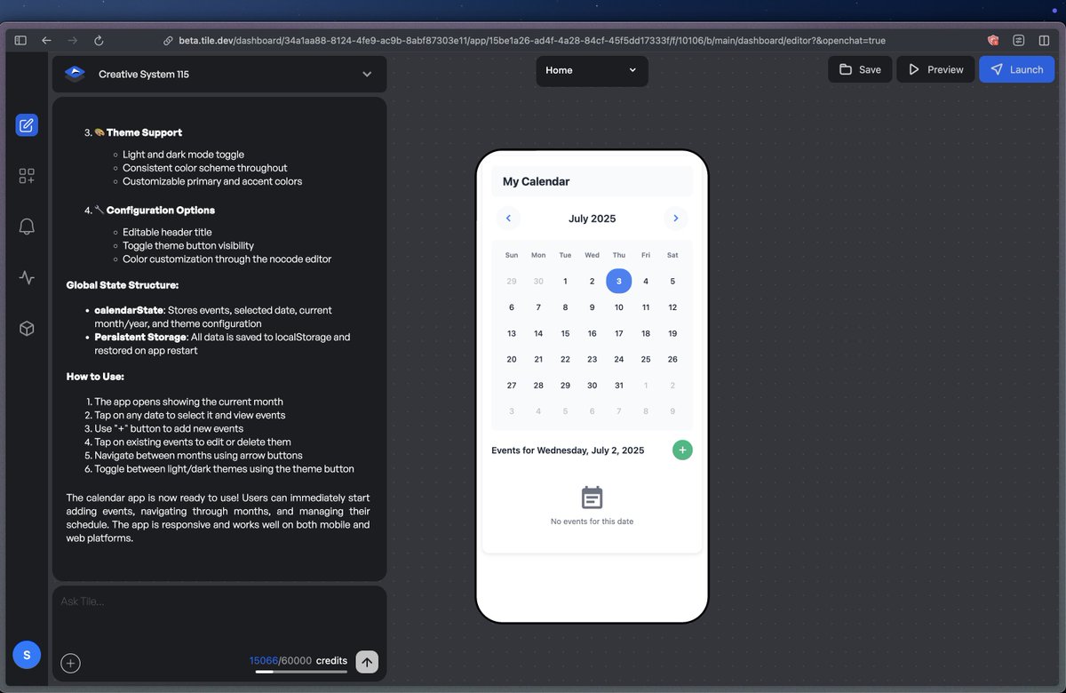 Say bye to messy no-code tools and complex AI platforms.

Tile is your all-in-one mobile app solution:

✅ Share your app idea — Tile builds it instantly
✅ Simple visual editor — no plugins needed
✅ Built-in push notifications, payments, analytics, and store publishing

No