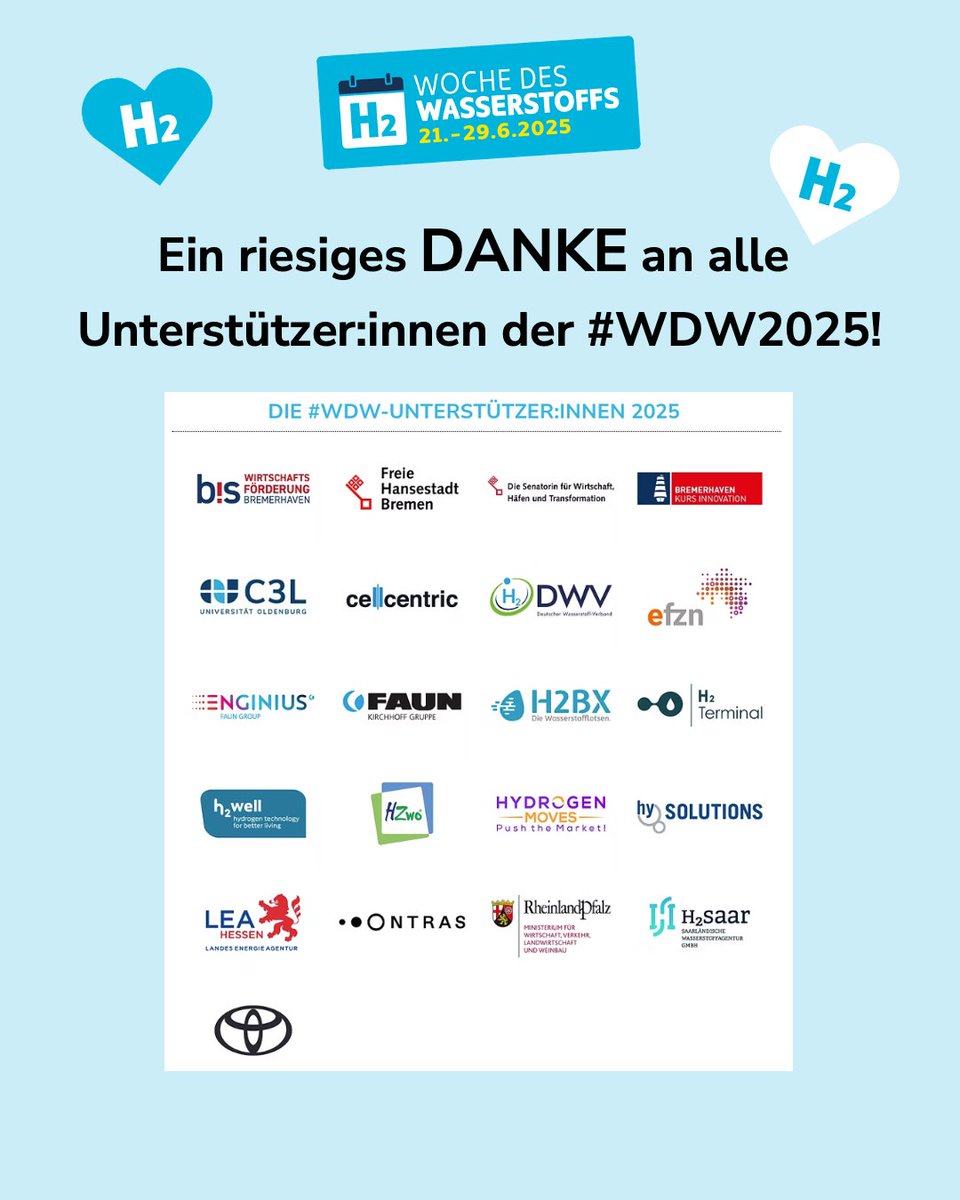 Woche_des_H2's tweet image. #WDW-Dankeschön
Großer Dank an die Unterstützer:innen der #WDW! Ohne Ihre finanzielle und ideelle Unterstützung wäre die WOCHE DES WASSERSTOFFS nicht möglich. Gemeinsam bringen wir H2 in Bewegung!
lnkd.in/epRJr3Xk
@WDW #WasserstoffVerbindet #WasserstoffErleben