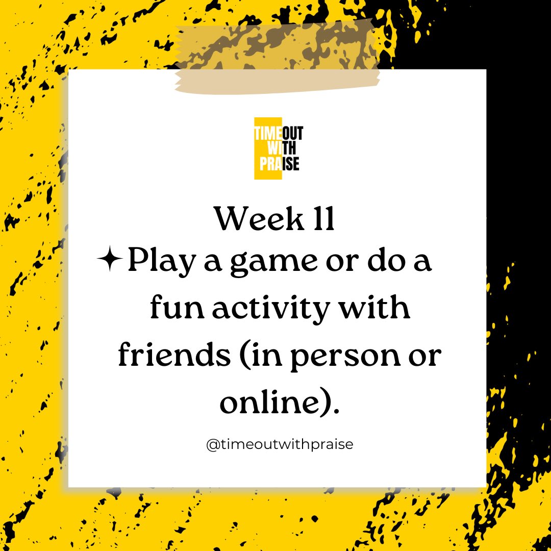 TimeoutwithP's tweet photo. ✨ Week 11 ✨

It’s game time! 🕹️ Whether it’s a board game night, charades over Zoom, or a silly dance-off in person, let loose and have some fun with your people.

What game or activity are you trying this week? Drop ideas below 👇🏾

#timeoutwithpraise 
#friendshipchallenge https://t.co/Y421CZW6n7
