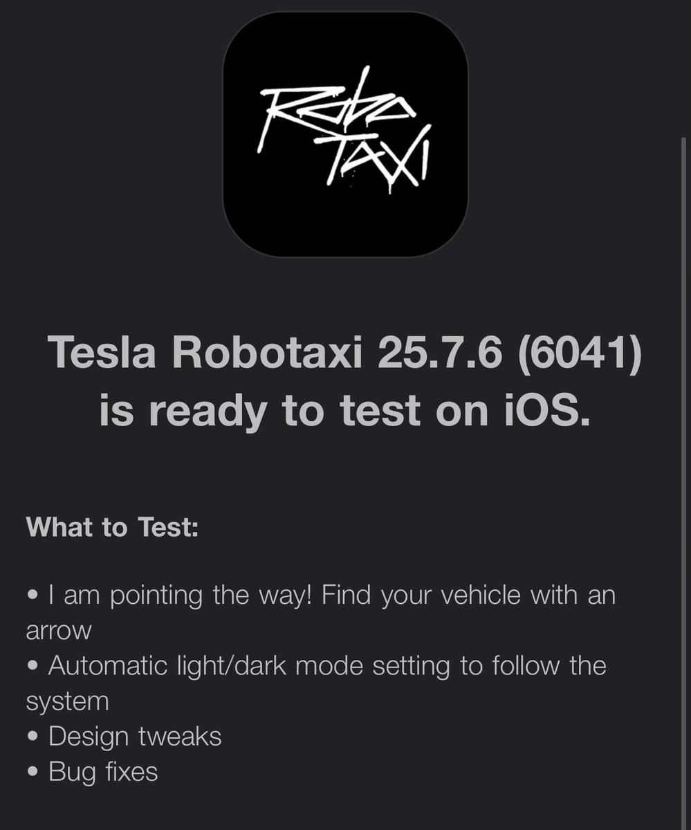 R6Alex's tweet image. the robotaxi app got upgrades and bug fixes this morning including
• I am pointing the way! Find your vehicle with an arrow
• Automatic light/dark mode setting to follow the system
• Design tweaks
