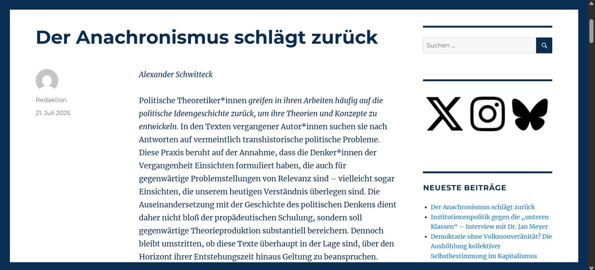 Demokratiekonflikte (@theorieforum) on Twitter photo Begeht die Politische Theorie mit ihrer Suche nach Antworten auf gegenwärtige Probleme in der Ideengeschichte notwendig einen Anachronismus? <a href="/AlexanderSchwi9/">Alexander Schwitteck</a> verneint diese Frage und plädiert für einen methodisch kontrollierten Anachronismus – jetzt online! Begeht die Politische Theorie mit ihrer Suche nach Antworten auf gegenwärtige Probleme in der Ideengeschichte notwendig einen Anachronismus? <a href="/AlexanderSchwi9/">Alexander Schwitteck</a> verneint diese Frage und plädiert für einen methodisch kontrollierten Anachronismus – jetzt online!