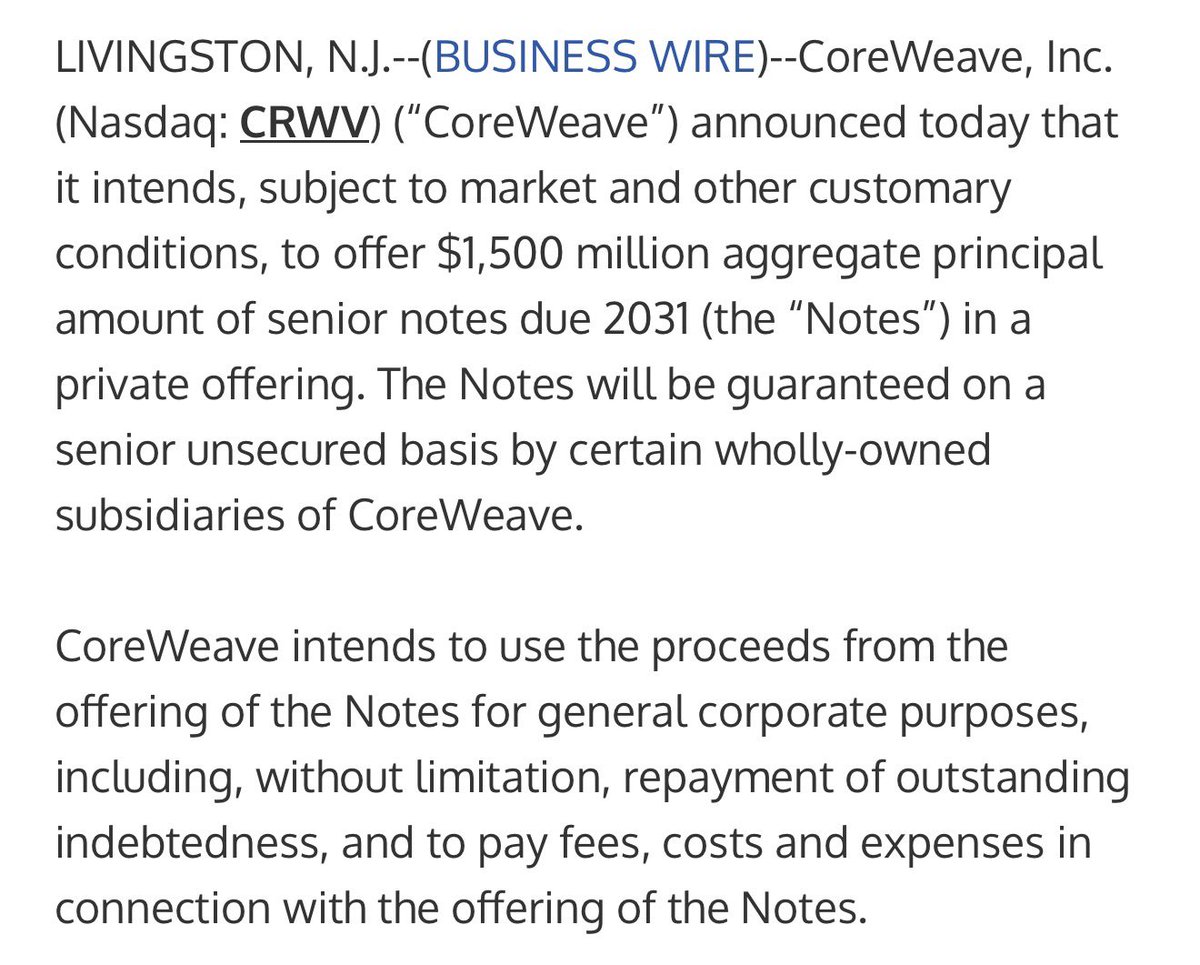 FilingsTracker's tweet image. $CRWV CoreWeave Announces Intention to Offer $1.5 billion of Senior Notes:
businesswire.com/news/home/2025…