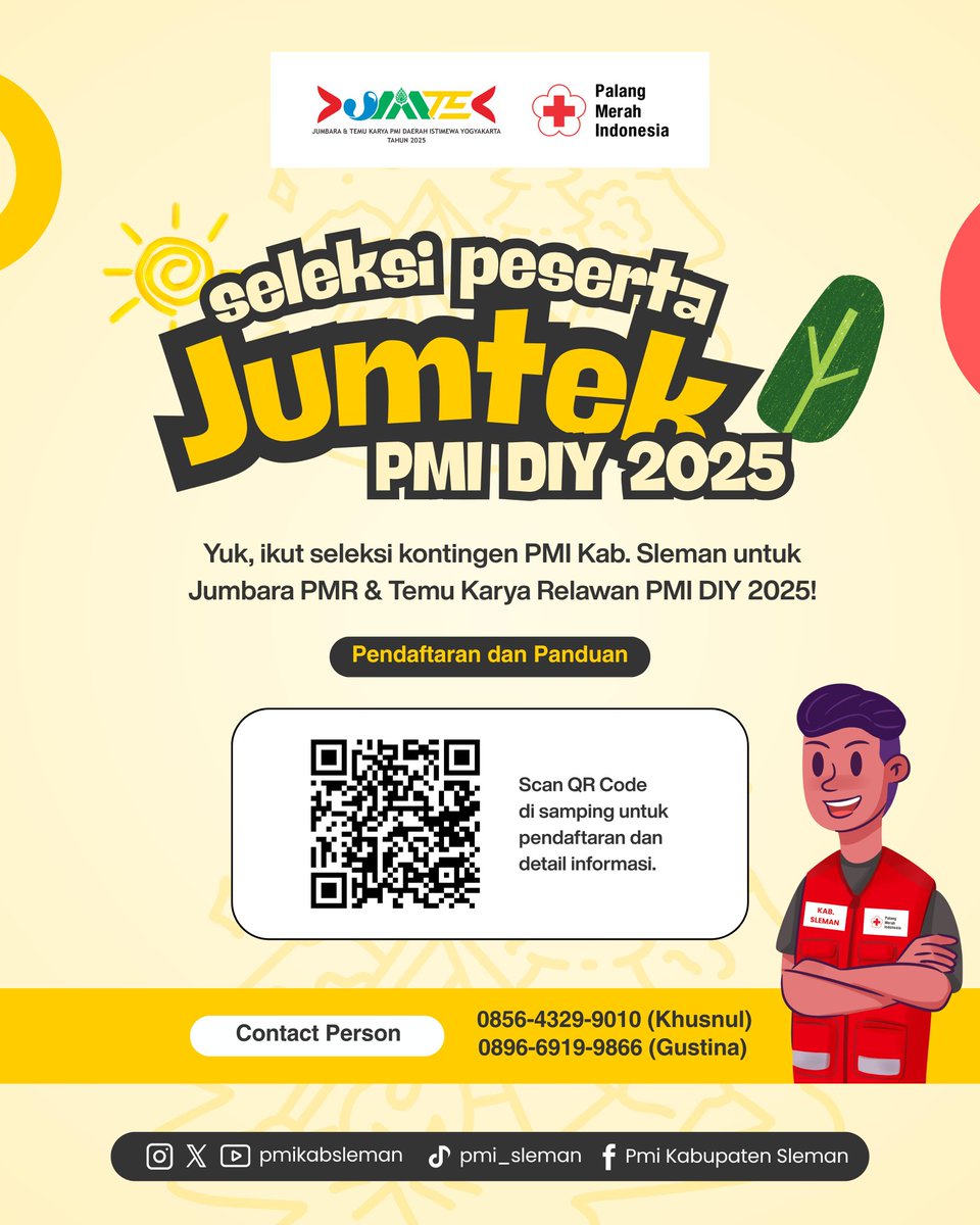 🚨📢 Seleksi Peserta Jumtek PMI DIY 2025 Kontingen PMI Kabupaten Sleman 🚨📢

PMI Kabupaten Sleman membuka kesempatan untuk teman teman PMR Mula, Madya, dan Wira untuk bergabung dan berpartisipasi 🤩

Untuk informasi lebih lanjut cek link berikut ya!
📌 s.id/SeleksiJumtekP…