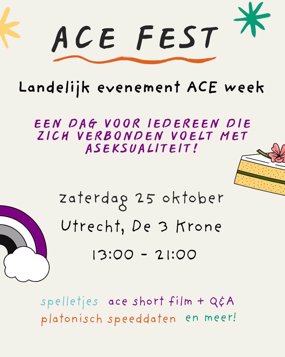 🗣 SAVE THE DATE! 🗓 
Samen met meerdere Ace organisaties in Nederland organiseren wij een landelijk evenement voor Ace Week, een bijeenkomst vol met verschillende activiteiten.  Meer info volgt in de komende maanden. 💜
#aseksualiteit #AceFest #AceWeek #AceBijeenkomsten