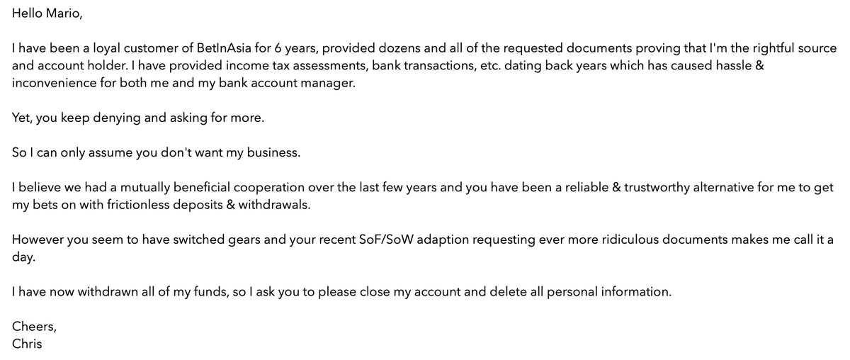 BettingIsCool's tweet photo. Closing the doors behind @BetInAsia

They used to be a reliable alternative, but they seem to have adapted to the SoF/SoW bullshit.

Can anyone recommend a more trustworthy broker? https://t.co/AobwBhrwd3