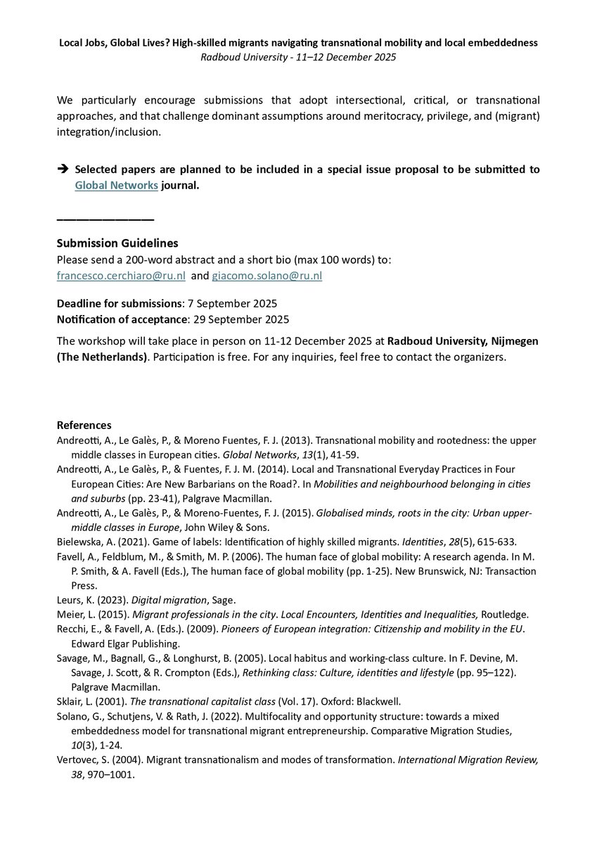IMISCOE's tweet image. 📢Call for abstracts for the workshop: Local Jobs, Global Lives? High-skilled migrants navigating transnational mobility and local embeddedness
📍Radboud University, Nijmegen, NL
📅11–12 Dec 2025
⏳Deadline for abstracts submission: 7 Sept 2025
🔗All the details: