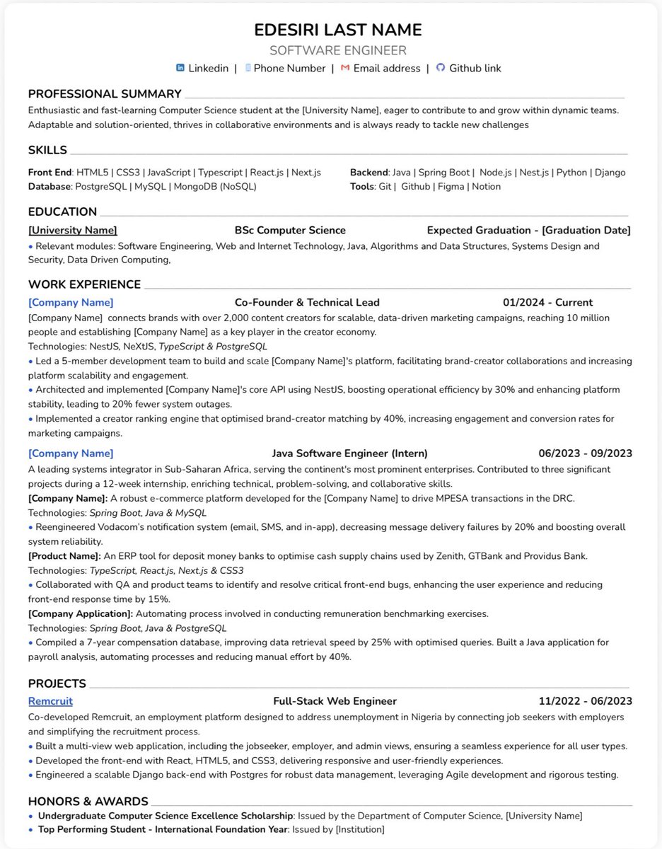 since i can't pick everyone, this is the exact cv i used to apply (only removed the names of things).

before i had any good enough experience on my CV, i got denied for tons of SWE jobs, went back to the drawing board. 

- i think the most important thing is having solid