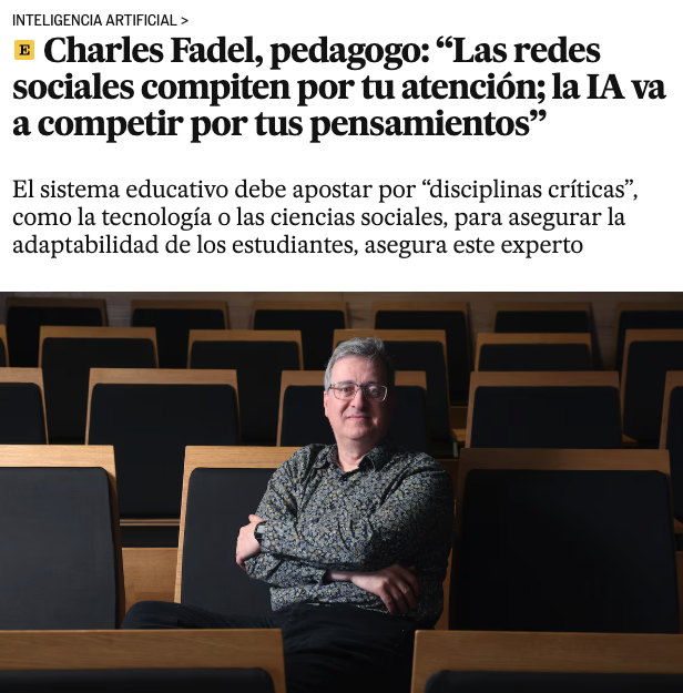 marcvidal's tweet image. Dice el pedagogo Charles Fadel en El País que "si las redes sociales compiten por nuestra atención, lo que va a hacer la IA es competir por nuestros pensamientos".
Para evitarlo dice se debe "salir a la calle, tomarse algo con los amigos, pisar un poco de césped y leerse un…