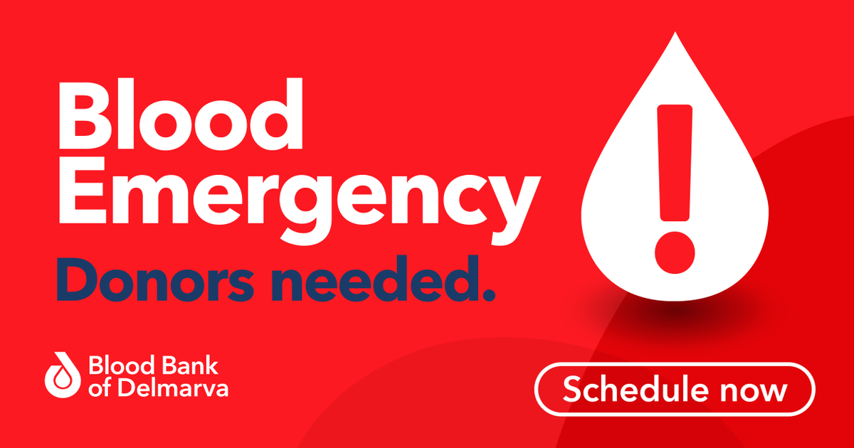 🚨 Blood Bank of Delmarva has declared a Blood Emergency 🚨

We're calling on the community to step up and save lives. Please give and reshare this post. Schedule a donation at bit.ly/451TIYq

#BloodEmergency #DonateBlood