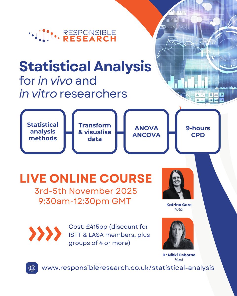 Live Online Course: Statistical Analysis for In Vivo &amp; In Vitro Scientists
🗓️ 3–5 Nov 2025 | 🕒 9:30 AM–12:30 PM GMT
🎓 9 hrs CPD | 💷 £415
🔗 Book: responsibleresearch.co.uk/event-details/…
#CPD #InVivo #InVitro #Stats