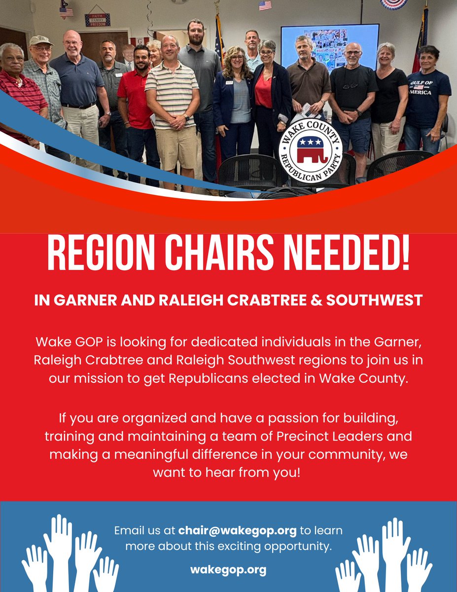 wakegop's tweet image. Region Chairs needed in Garner, Raleigh Southwest and Raleigh Crabtree regions and Wake GOP happenings! - mailchi.mp/wakegop/region…