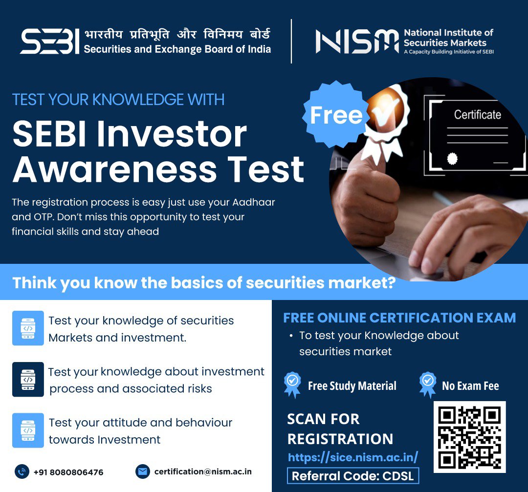 CdslIndia's tweet image. How much do you know about investments?
Find out by taking the Free Online Investor Certification Examination by SEBI. It’s an easy and free way to test your understanding of the securities market and investment basics.
Plus, you get access to free study material to…