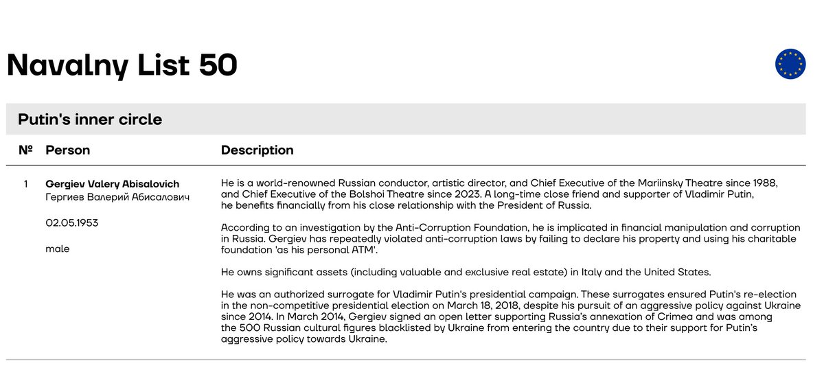 APomazuev's tweet image. Let me remind you why it was so important for @ACF_int to oppose Gergiev. He is literally number 1 (!) on our list for priority EU sanctions. He is on that list as a member of Putin's inner circle.
acf.international/media/EU_Naval…
Gergiev must be included in the EU sanctions list!