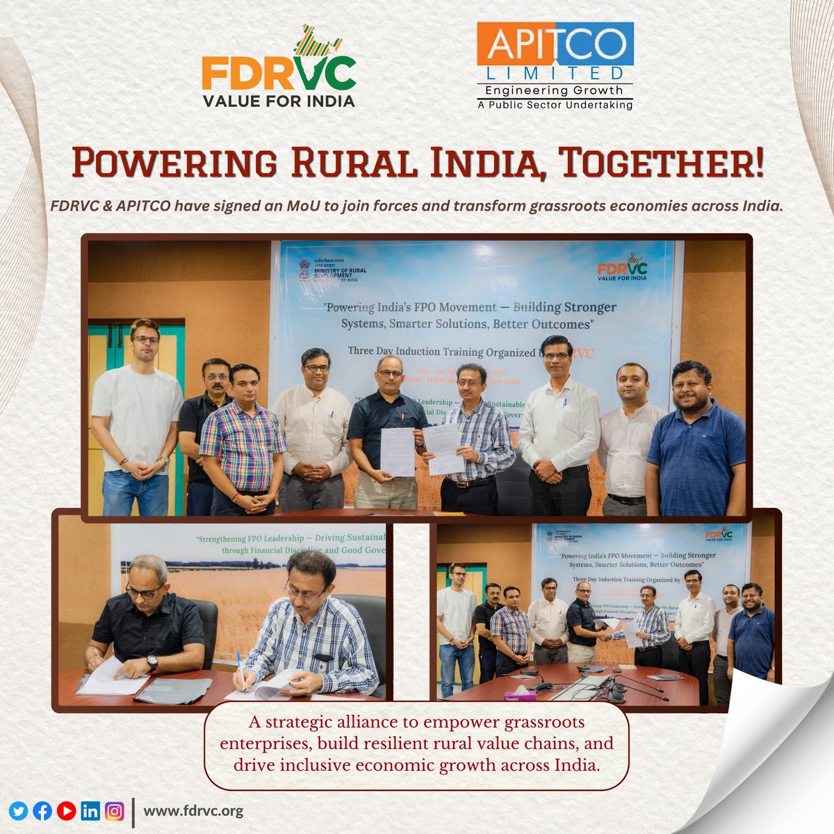FDRVC and APITCO sign an MoU to strengthen rural value chains, empower women-led enterprises, and promote agri-based MSMEs—paving the way for inclusive growth and sustainable development in rural India. #MoUSigning