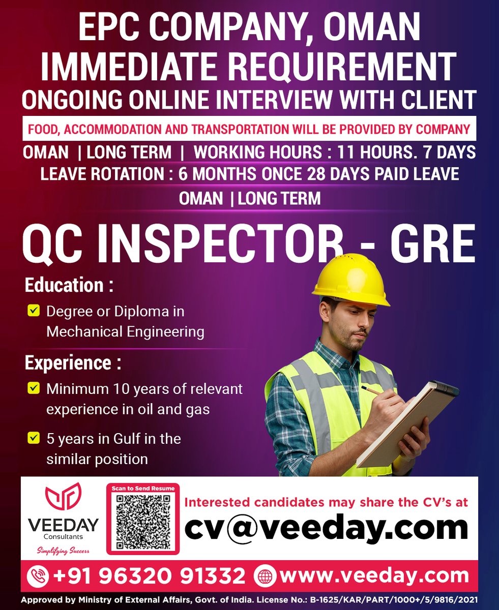 Epc Company, Oman
Immediate Requirement Ongoing Online Interview With Client

QC Inspector - GRE

#OmanJobs #QCInspector #GREInspector #OilAndGasJobs 
#MiddleEastJobs #EPCJobs #ImmediateHiring 
#GulfExperience #VeedayRecruitment