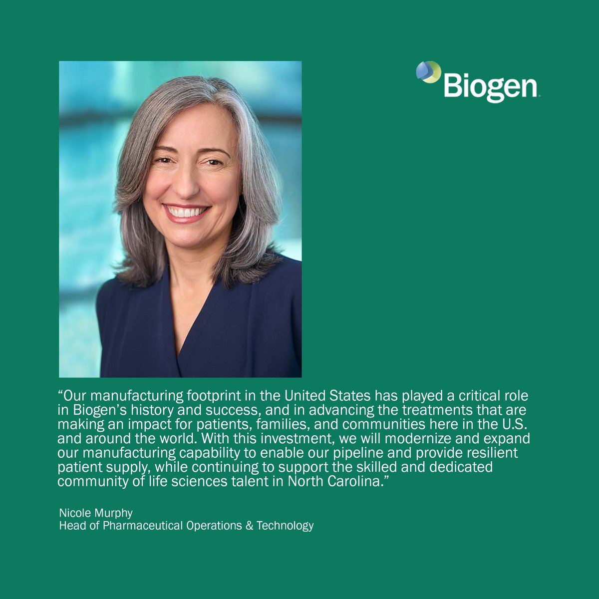 biogen's tweet image. #News: Today, we announced plans to invest $2 billion in our existing manufacturing footprint in North Carolina’s Research Triangle Park site to support our late-stage pipeline. Learn more about this news here: bit.ly/44E6c8y