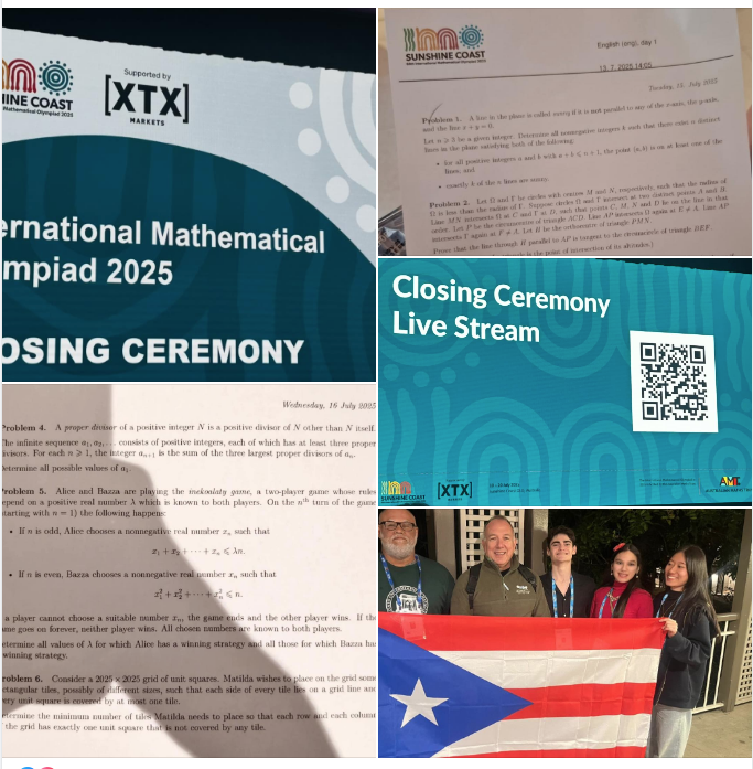 NIRVANA MARRERO OBTIENE MENCIÓN DE HONOR EN LA OLIMPIADA INTERNACIONAL DE MATEMÁTICAS EN AUSTRALIA

La joven Boricua de este logro fue nuestra Nirvana Marrero. <a href="/RullanAgustin/">Agustin Rullan</a> <a href="/artesyciencias/">Artes y Ciencias RUM</a> <a href="/adamonzon/">Ada Monzón</a> <a href="/DeborahTiempo/">Deborah Martorell</a> <a href="/SusanSoltero/">Susan Soltero</a> <a href="/UPR_Oficial/">UPR</a>