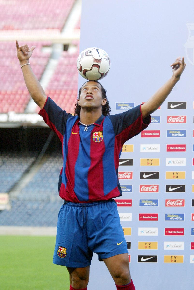 FCBarcelona's tweet image. OTD, 22 years ago, Ronaldinho was unveiled as a Barça player — and nothing was ever the same! 🤙🇧🇷