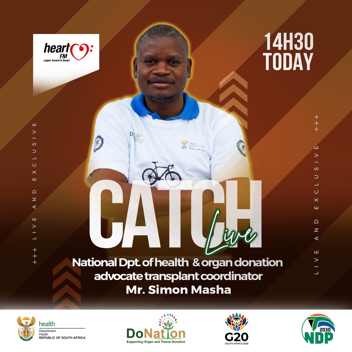 HealthZA's tweet image. 🗣️ Mr Simon Masha, Department's transplant coordinator and organ donation advocate, joins @Heart1049FM today at 14h30.
Let’s reflect on cycling, wellness, and the lifesaving power of organ & tissue donation.
One donor = 7 lives saved💚
#OrganDonation #Save7Lives