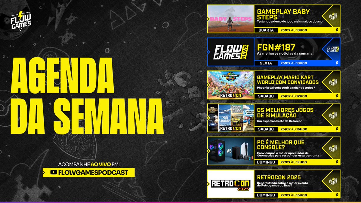 flowgamespdc's tweet image. 🚨 AGENDA DA SEMANA TÁ NO AR!
Essa semana vamos jogar um jogo diferentão, falar das principais notícias da semana no clássico Flow Games News, e pra fechar vários programas especiais direto da Retrocon 2025.
Então já corre pra ativar o sininho no YouTube e não perder nenhum…