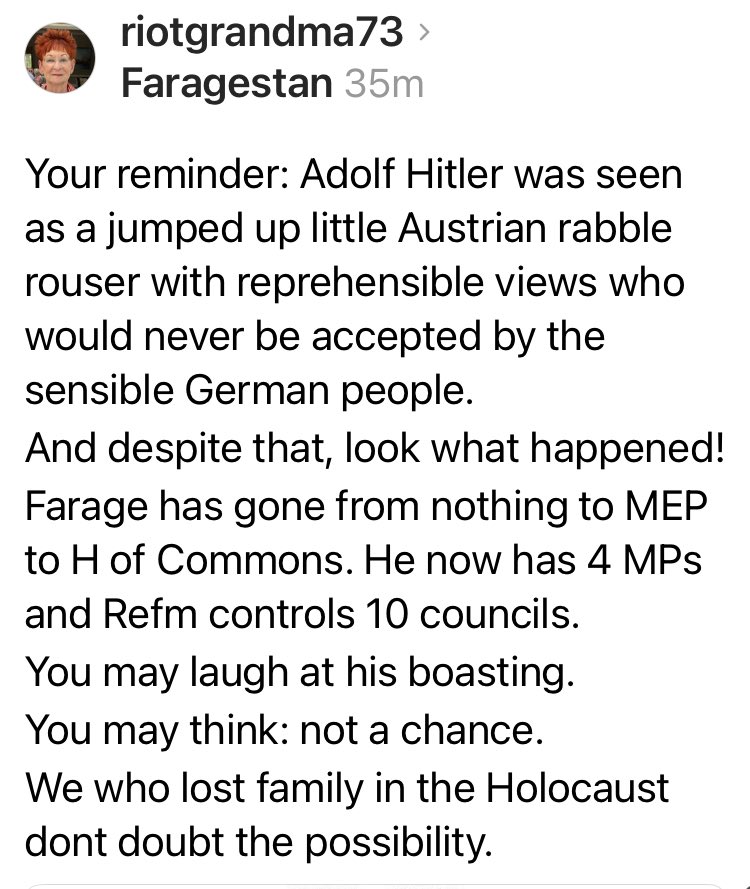 ☕️Carol Hedges 💙💛(also at @caroljhedges) (@riotgrandma72) on Twitter photo <a href="/MatthewStadlen/">Matthew Stadlen</a> But they are being complacent. Exactly as they were in Germany.
‘Hitler won’t get into power’
That went according to plan.
Until this govt starts sanctioning Reform as opposed to Palestine Action, it may happen.
I lost family in the Holocaust. <a href="/MatthewStadlen/">Matthew Stadlen</a> But they are being complacent. Exactly as they were in Germany.
‘Hitler won’t get into power’
That went according to plan.
Until this govt starts sanctioning Reform as opposed to Palestine Action, it may happen.
I lost family in the Holocaust.