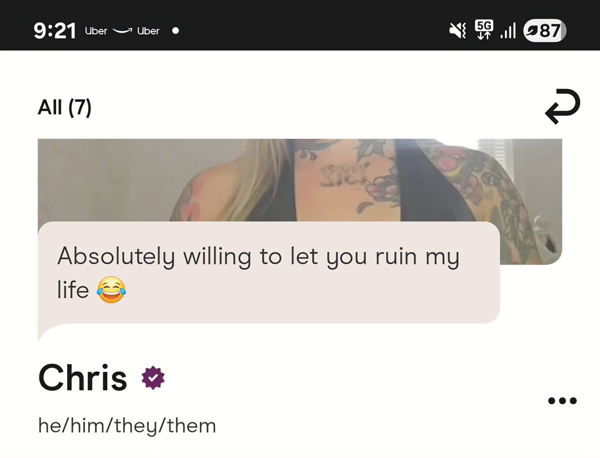 Comeback_Kia's tweet image. Why is this the go to comment for tattooed women on dating apps?
I dont want to ruin anyone's life, I want to grow old with someone and kiss them in a sunlit kitchen on a Sunday 😒
