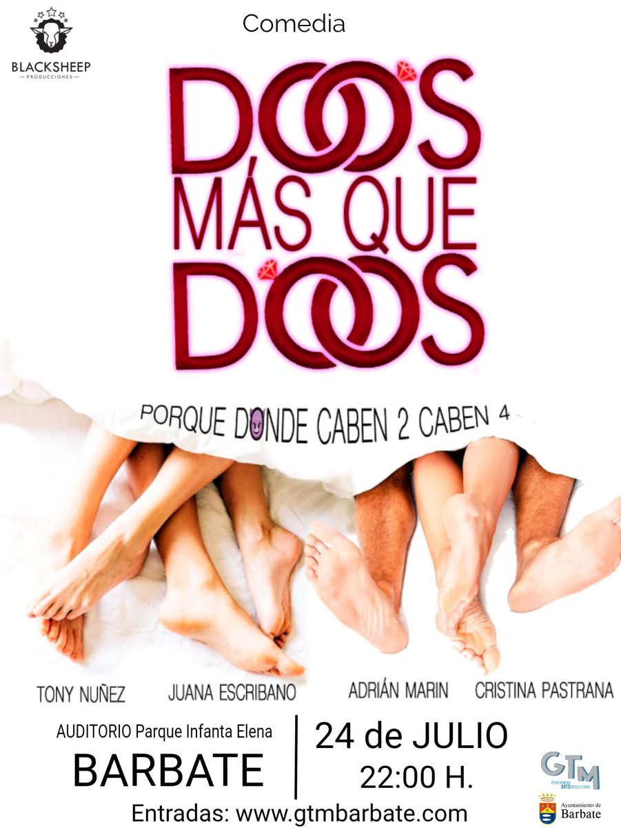 Pasa una noche de risas en el Parque Infantil el próximo día 24 a las 22:00h con la obra teatral Dos más que Dos
Reserva tu entrada en gtmbarbate.com