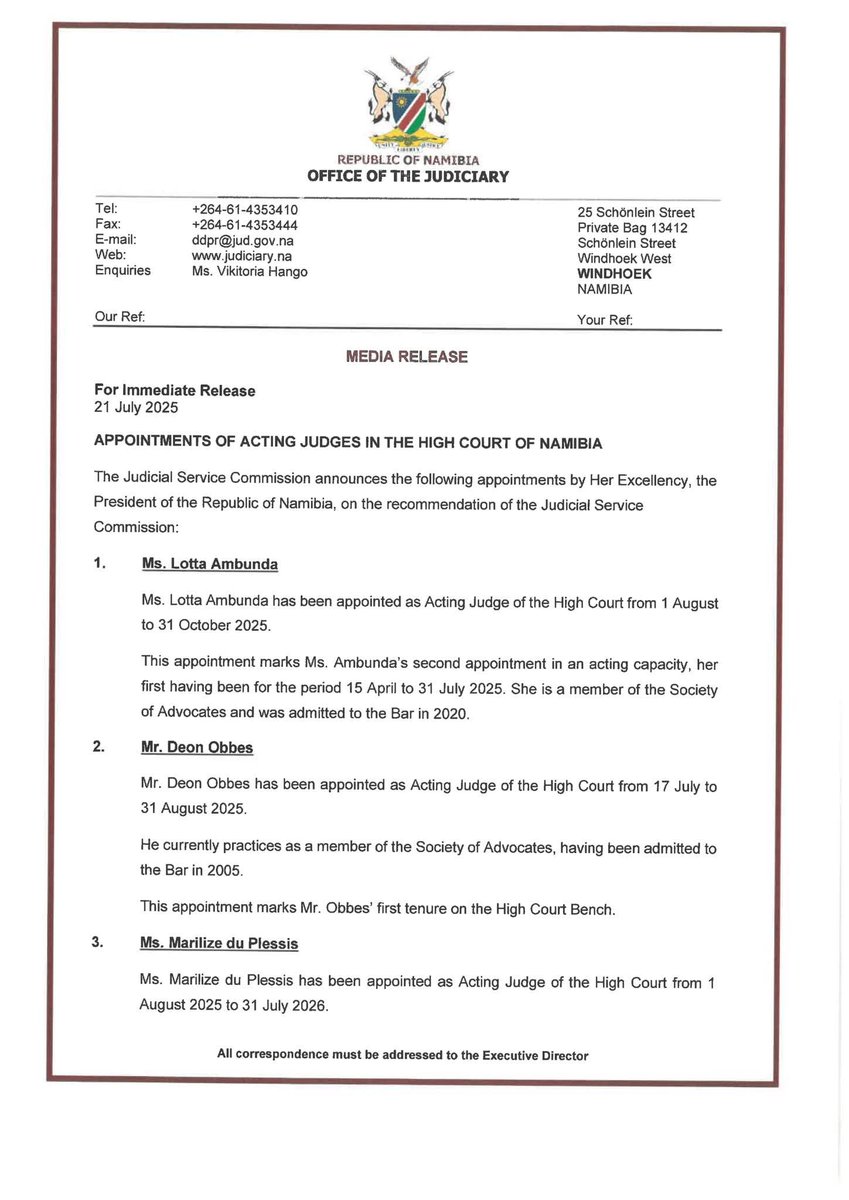 NAMJudiciary's tweet image. Media Release: 
Announcement by the Judicial Service Commission (JSC) on the Appointments of Acting Judges of the High Court of Namibia