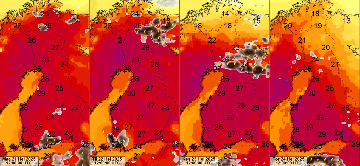 meteorologit's tweet image. Alkuviikon aikana lämpötila on iltapäivisin hellelukemissa lähes koko maassa. Maasto on kuivaa, maastopalovaroituksia on voimassa koko maassa. Sade- ja ukkoskuuroja muodostuu siellä täällä päivittäin. Kuvassa kello 15.00 (SA) tilanne maanantaista torstaihin.