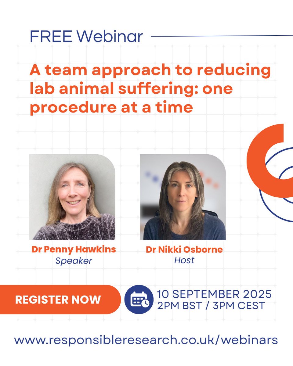 🔹 FREE Webinar - A Team Approach to Reducing Lab Animal Suffering🔹
📅 Sep 10, 2025 | 🕒 2–3 PM BST
Join Dr. Penny Hawkins &amp; Dr. Nikki Osborne live online CPD event
🔗 responsibleresearch.co.uk/event-details/…
#AnimalWelfare #3Rs #Webinar